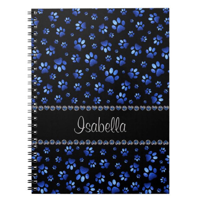 Custom name, blue glitter dog paws notebook (Front)