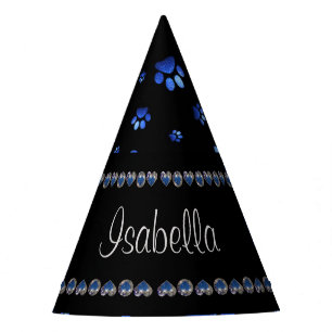 Custom name, blue glitter dog paws party hat