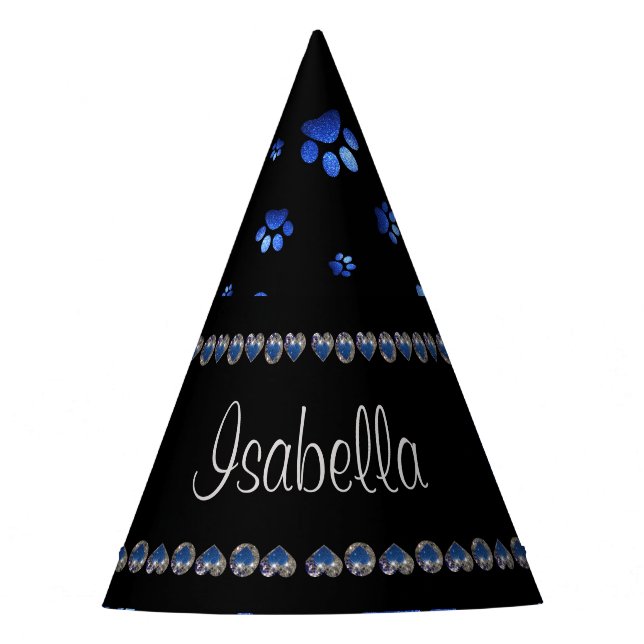 Custom name, blue glitter dog paws party hat (Front)