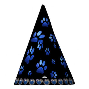 Custom name, blue glitter dog paws party hat