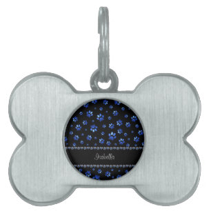 Custom name, blue glitter dog paws pet ID tag