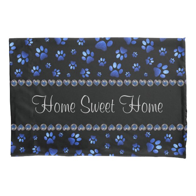 Custom name, blue glitter dog paws pillowcase (Front)