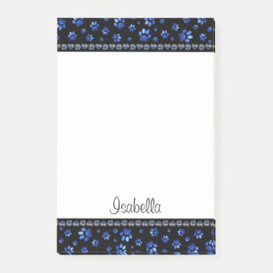 Custom name, blue glitter dog paws post-it notes