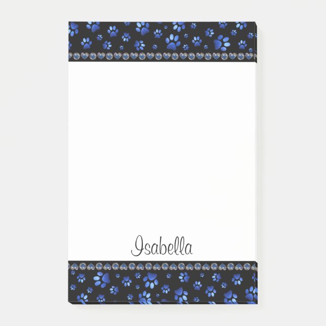 Custom name, blue glitter dog paws post-it notes (Front)