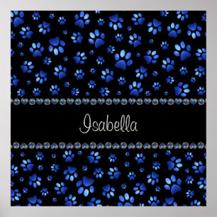 Custom name, blue glitter dog paws poster