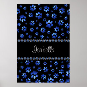 Custom name, blue glitter dog paws poster
