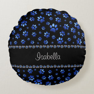 Custom name, blue glitter dog paws round cushion