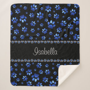 Custom name, blue glitter dog paws sherpa blanket