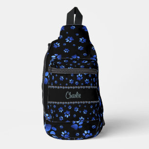 Custom name, blue glitter dog paws sling bag