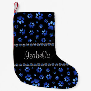 Custom name, blue glitter dog paws small christmas stocking