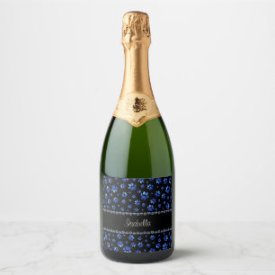 Custom name, blue glitter dog paws sparkling wine label