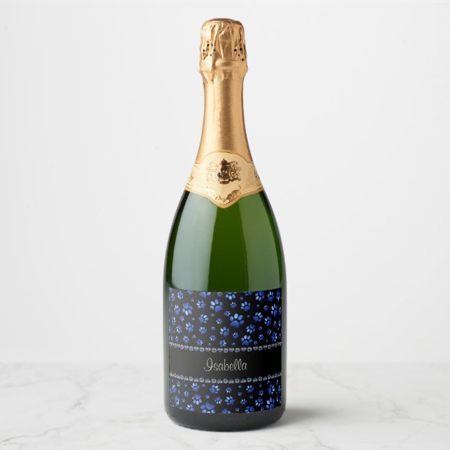 Custom name, blue glitter dog paws sparkling wine label (Front)