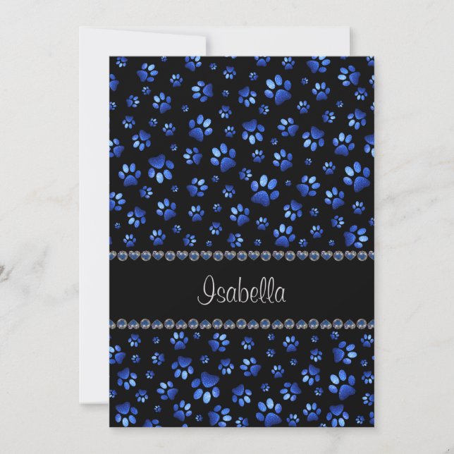 Custom name, blue glitter dog paws thank you card (Front)
