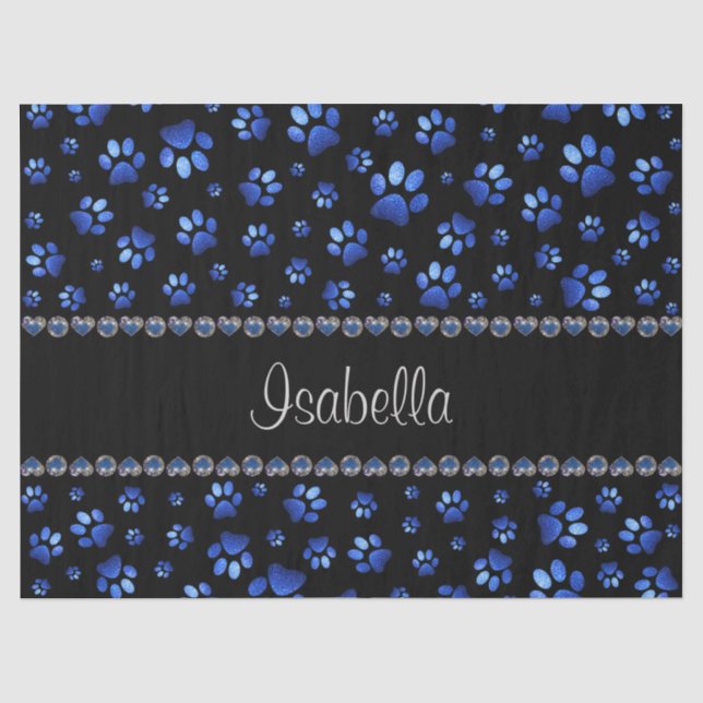 Custom name, blue glitter dog paws tissue paper (Front)
