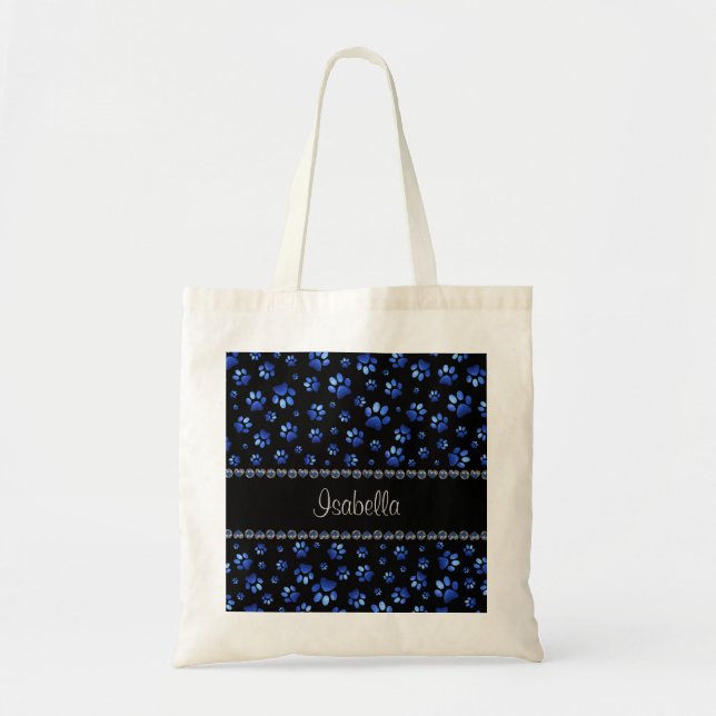Custom name, blue glitter dog paws tote bag (Front)
