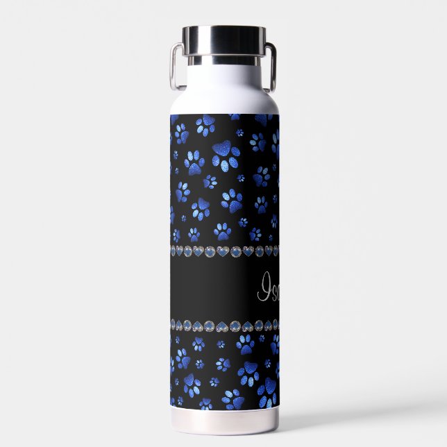 Custom name, blue glitter dog paws water bottle (Front)