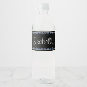 Custom name, blue glitter dog paws water bottle label