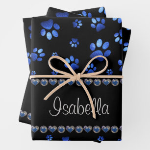 Custom name, blue glitter dog paws  wrapping paper sheet
