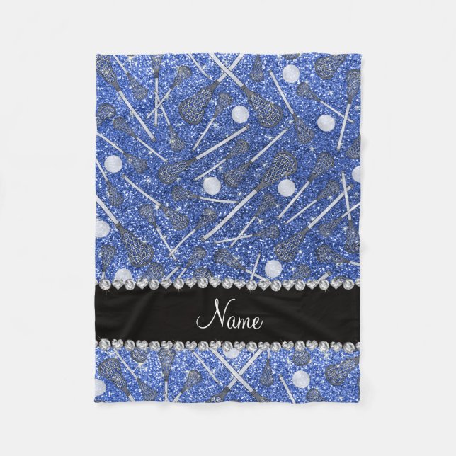 Custom name blue glitter lacrosse sticks fleece blanket (Front)
