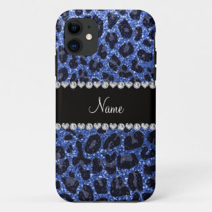 Custom name blue glitter leopard print iPhone 11 case