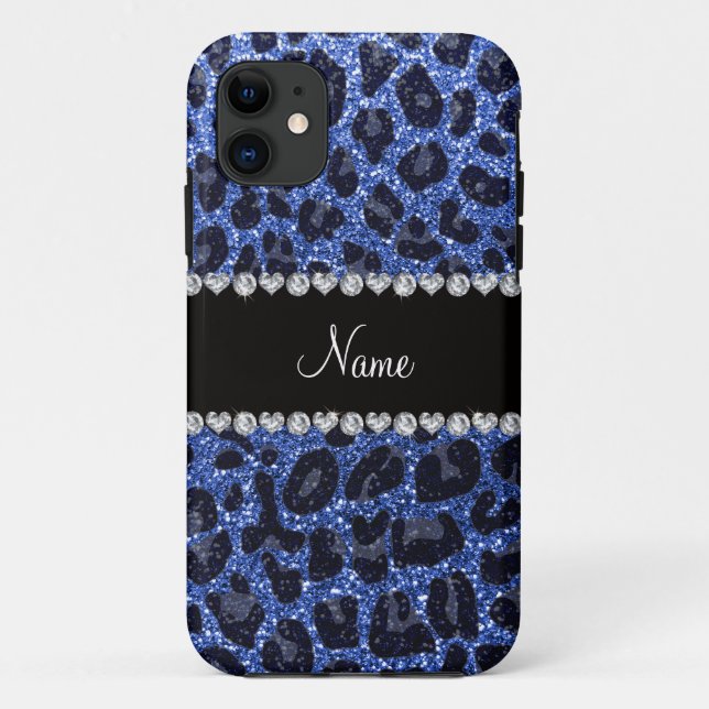 Custom name blue glitter leopard print Case-Mate iPhone case (Back)