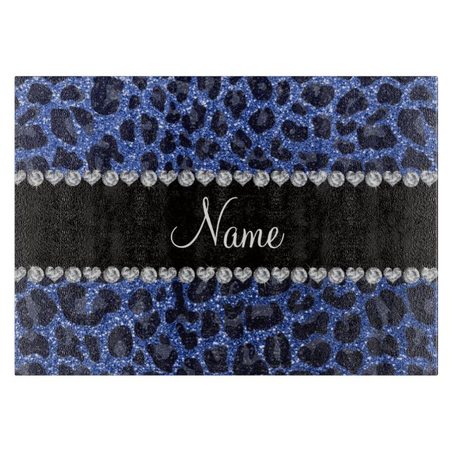 Custom name blue glitter leopard print cutting board (Front)