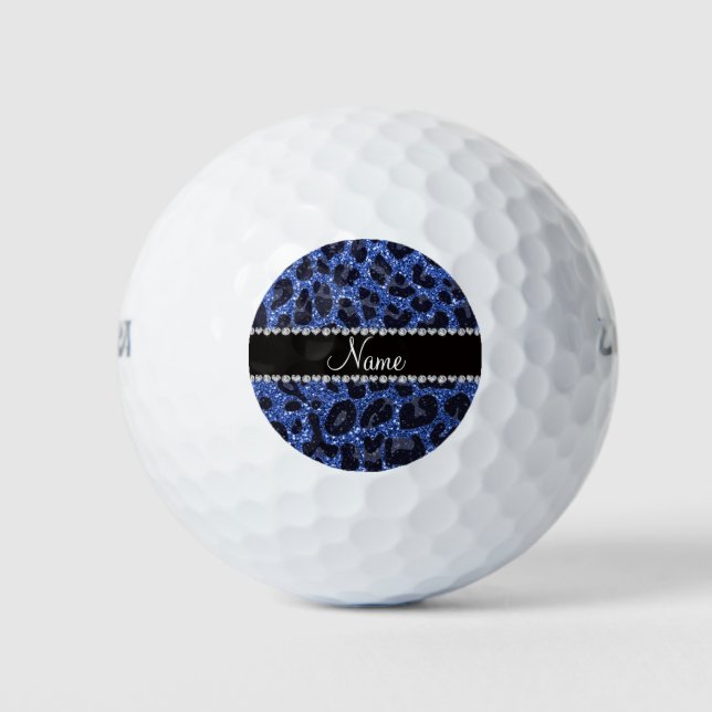 Custom name blue glitter leopard print golf balls (Front)