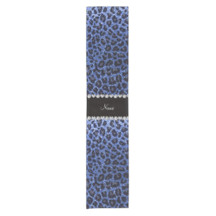 Custom name blue glitter leopard print short table runner