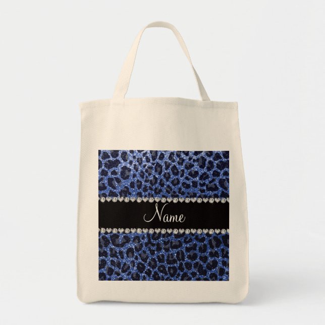 Custom name blue glitter leopard print tote bag (Front)