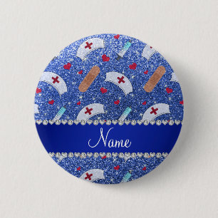 Custom name blue glitter nurse hats heart 6 cm round badge
