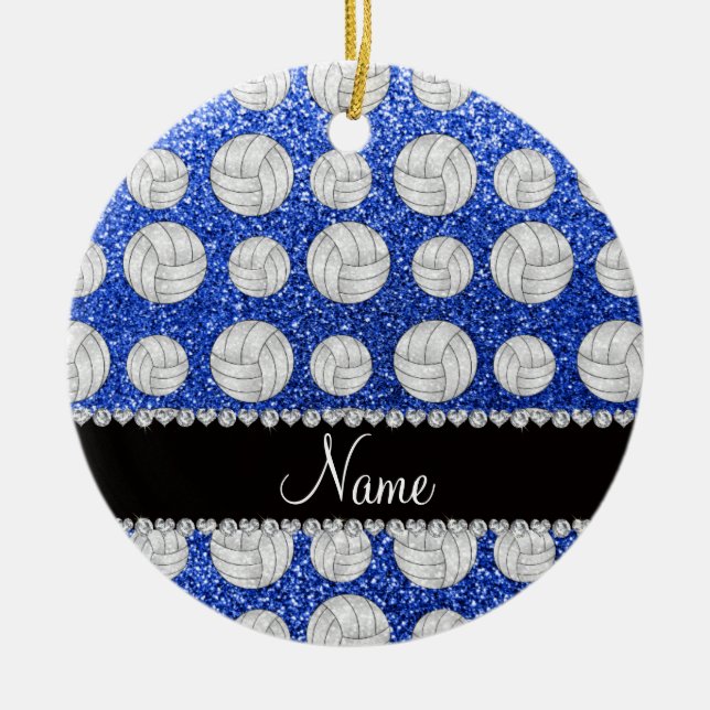 Custom name blue glitter volleyballs ceramic ornament (Front)