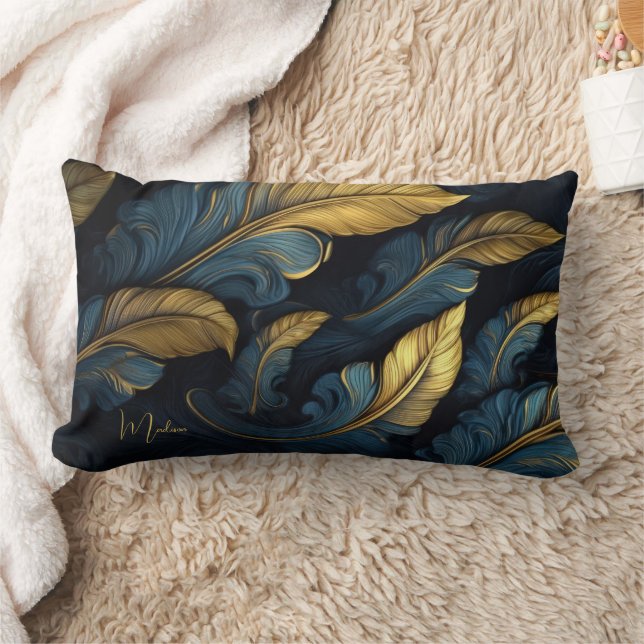 Custom Name Blue - Gold Leafs Lumbar Cushion (Blanket)
