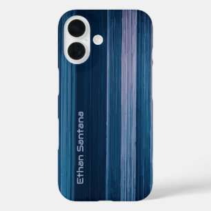 Custom Name Blue Grain Stripe iPhone 16 Case