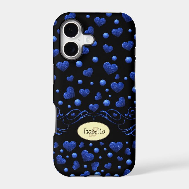 Custom name, Blue heart glitter pattern  (Back)