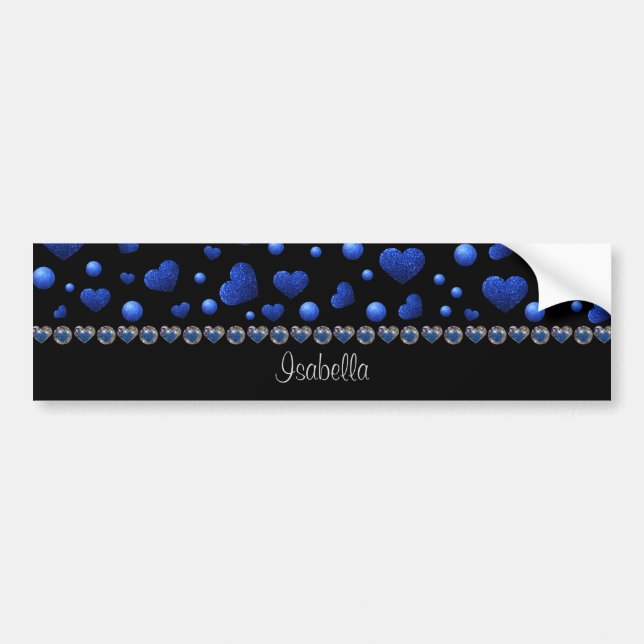 Custom name, Blue heart glitter pattern  Bumper Sticker (Front)