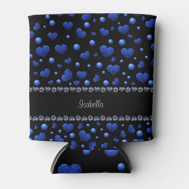 Custom name, Blue heart glitter pattern  Can Cooler (Front)