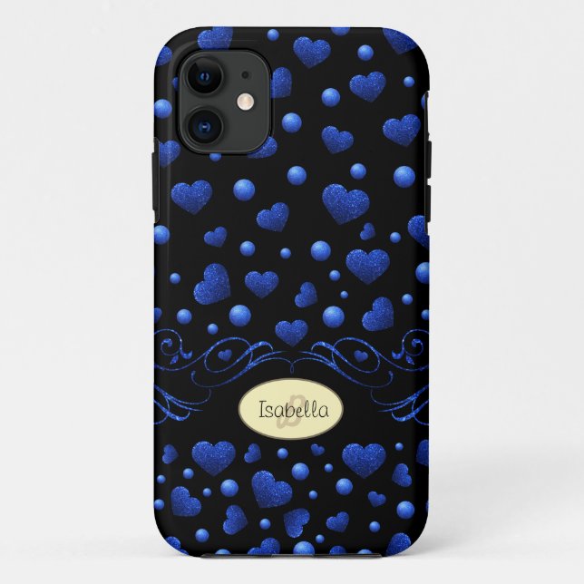 Custom name, Blue heart glitter pattern  Case-Mate iPhone Case (Back)