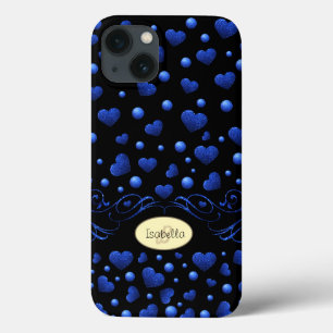 Custom name, Blue heart glitter pattern iPhone 13 Case