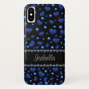 Custom name, Blue heart glitter pattern  iPhone X Case