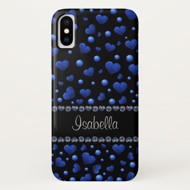 Custom name, Blue heart glitter pattern  Case-Mate iPhone Case (Back)