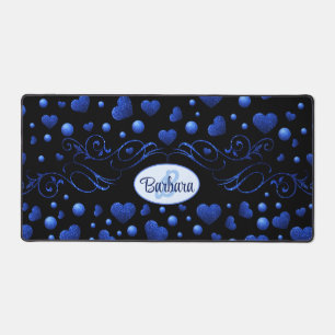 Custom name, Blue heart glitter pattern Desk Mat