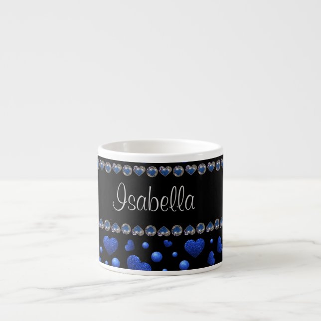Custom name, Blue heart glitter pattern  Espresso Cup (Front)