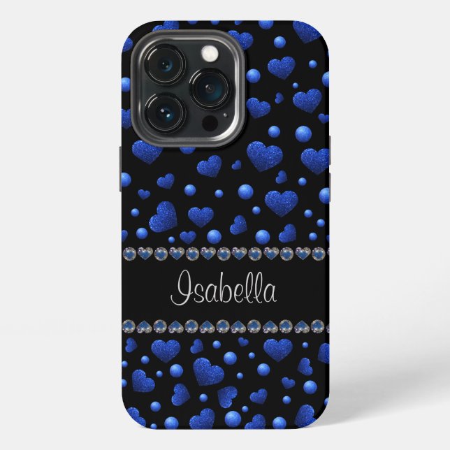 Custom name, Blue heart glitter pattern  iPhone Case (Back)
