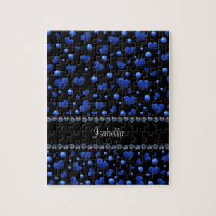 Custom name, Blue heart glitter pattern Jigsaw Puzzle