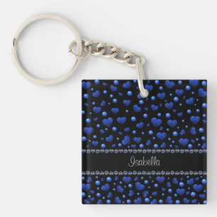 Custom name, Blue heart glitter pattern Key Ring