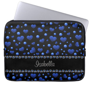 Custom name, Blue heart glitter pattern Laptop Sleeve