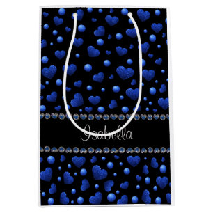 Custom name, Blue heart glitter pattern  Medium Gift Bag
