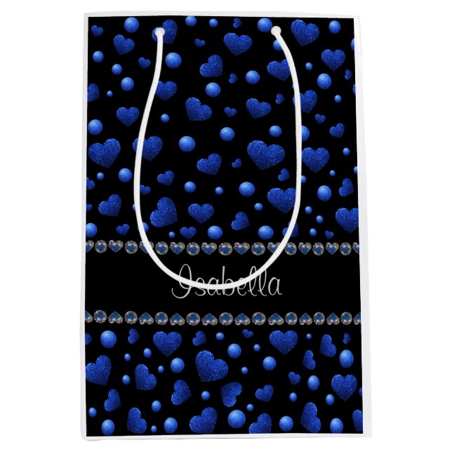 Custom name, Blue heart glitter pattern  Medium Gift Bag (Front)
