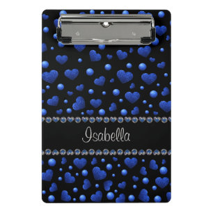 Custom name, Blue heart glitter pattern Mini Clipboard