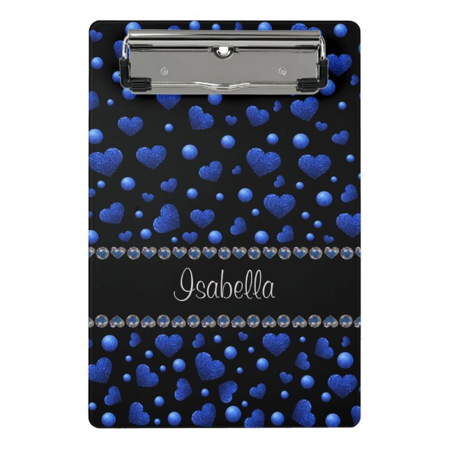 Custom name, Blue heart glitter pattern Mini Clipboard (Front)